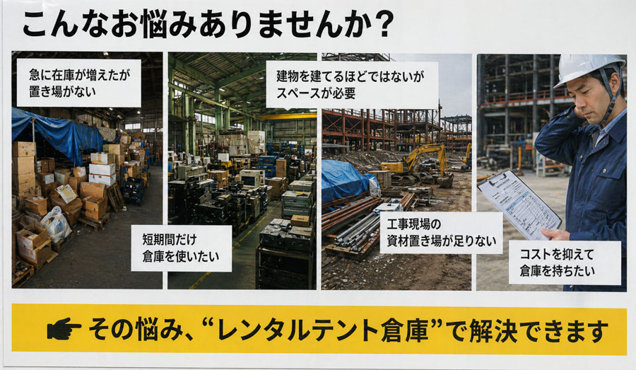 倉庫や在庫の保管スペースに関するお悩み解決。急な在庫増加、建物を建てるほどではないスペース確保、短期間の利用、工事現場の資材置き場不足、コスト抑制などの課題をレンタルテント倉庫で解決できることを提案するイメージ画像。