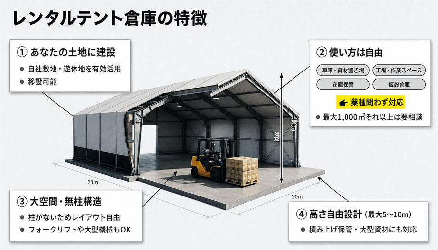 レンタルテント倉庫の特徴：①自社敷地や遊休地に建設・移動可能。②車庫・資材置き場・工場・在庫保管・仮設倉庫など業種問わず多目的な用途に対応し、最大1,000平米以上も相談可能。③無柱構造の大空間でフォークリフトや大型機械も使用でき、レイアウト自由。④最大5m〜10mの高さ自由設計で、積み上げ保管や大型資材にも対応。
