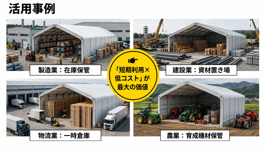 7枚目の画像ですね！こちらは「活用事例」ということで、具体的な「業種」と「用途」がセットになっています。

これらはまさにユーザーが「（自分の業種） 倉庫 レンタル」と検索する際のターゲットキーワードそのものです。しっかり盛り込んでいきましょう。

推奨する代替テキスト案
「レンタルテント倉庫の活用事例。製造業の在庫保管、建設業の資材置き場、物流業の一時倉庫、農業の育成機材保管など、幅広い業界での使用例を紹介。短期利用と低コストを両立させた、実用性の高い仮設倉庫の設置イメージ。